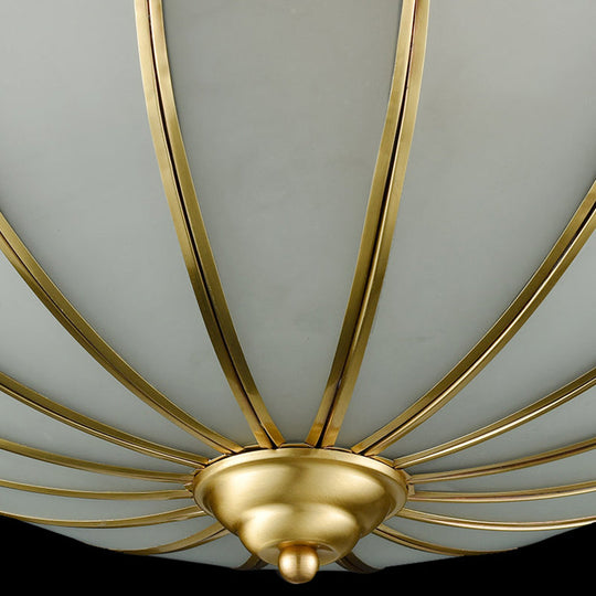 Retro White Glass Sphere Flush Mount Ceiling Light Fixture - 3 Brass Heads, Ideal for Bedroom - 14"/18" Wide