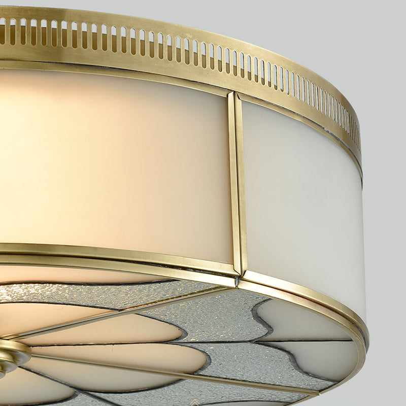 Milky Glass Ceiling Mounted Fixture: Colonial 3-Bulb Bedroom Flush Mount Lamp in Brass