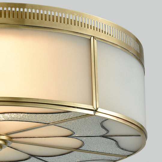 Milky Glass Ceiling Mounted Fixture: Colonial 3-Bulb Bedroom Flush Mount Lamp in Brass