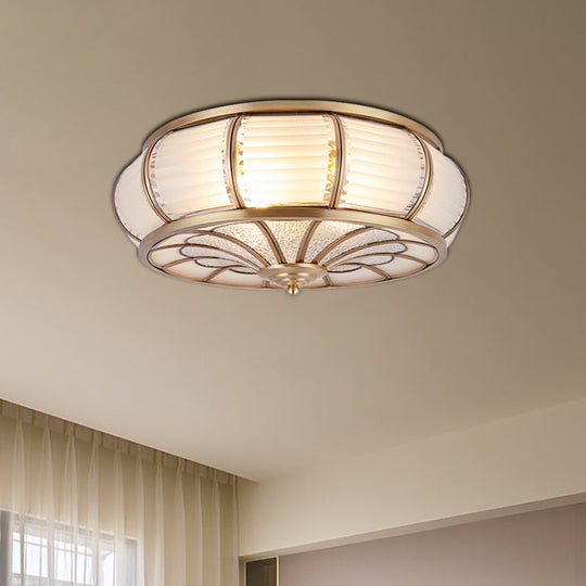 Colonial Cream Glass Drum Ceiling Lighting - 3/4 Heads Flush Mount Fixture - Brass Finish - 14"/16.5" Width