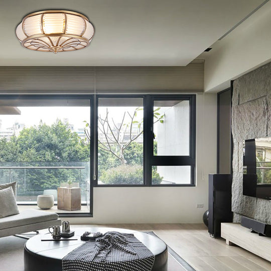 Colonial Cream Glass Drum Ceiling Lighting - 3/4 Heads Flush Mount Fixture - Brass Finish - 14"/16.5" Width