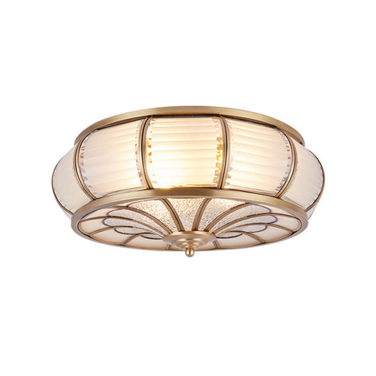 Colonial Cream Glass Drum Ceiling Lighting - 3/4 Heads Flush Mount Fixture - Brass Finish - 14"/16.5" Width