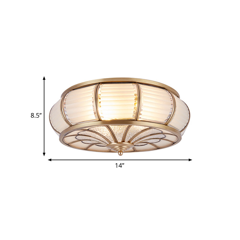 Colonial Cream Glass Drum Ceiling Lighting - 3/4 Heads Flush Mount Fixture - Brass Finish - 14"/16.5" Width