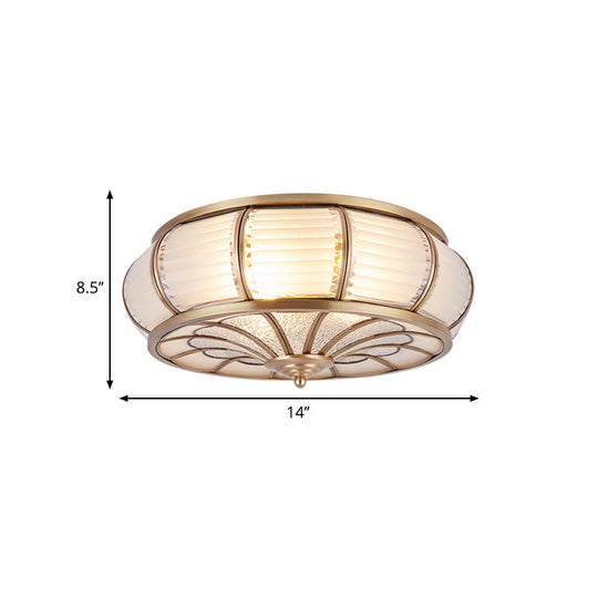 Colonial Cream Glass Drum Ceiling Lighting - 3/4 Heads Flush Mount Fixture - Brass Finish - 14"/16.5" Width