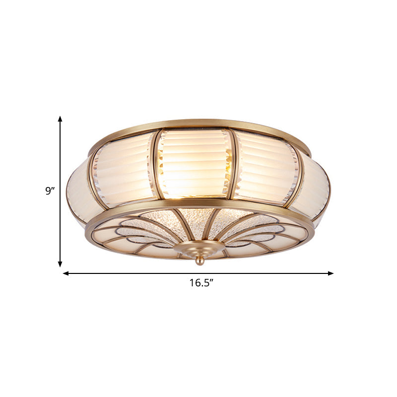 Colonial Cream Glass Drum Ceiling Lighting - 3/4 Heads Flush Mount Fixture - Brass Finish - 14"/16.5" Width