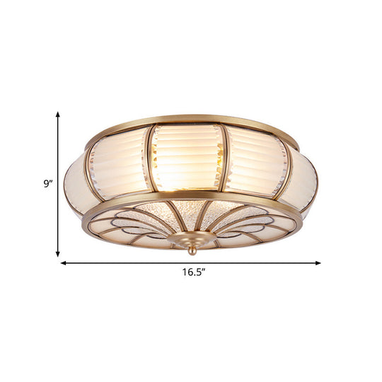 Colonial Cream Glass Drum Ceiling Lighting - 3/4 Heads Flush Mount Fixture Brass Finish 14/16.5