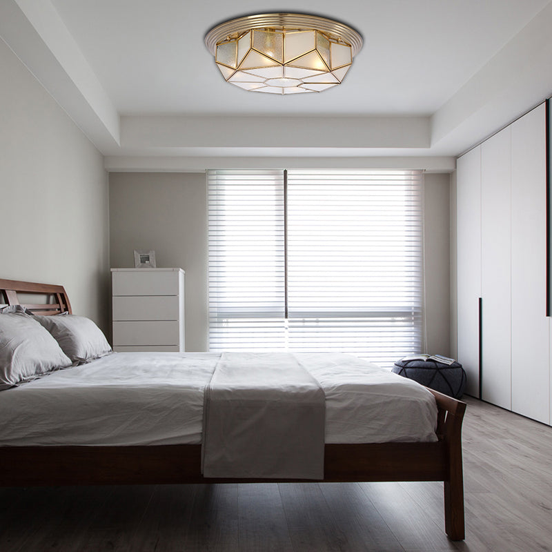 Colonial Brass Flush Mount Lamp with Sandblasted Glass for Living Room - 6 Heads Octagonal Ceiling Fixture