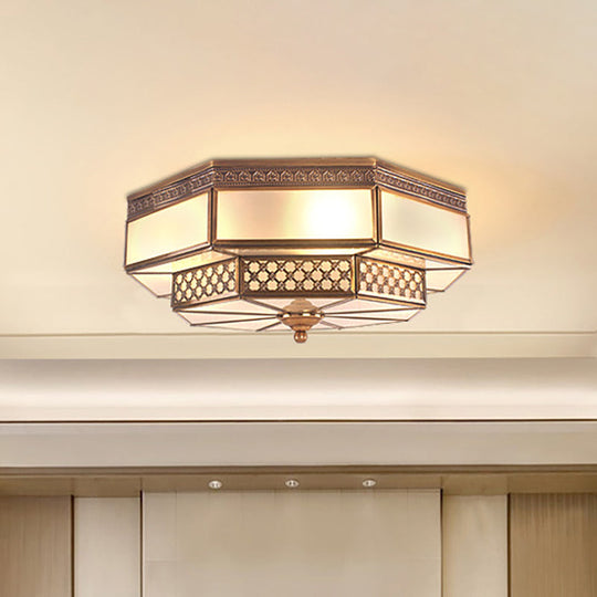 Opaline Glass Octagon Bedroom Flush Mount Light with Colonial Brass Finish - 4 Bulbs Close to Ceiling Lamp