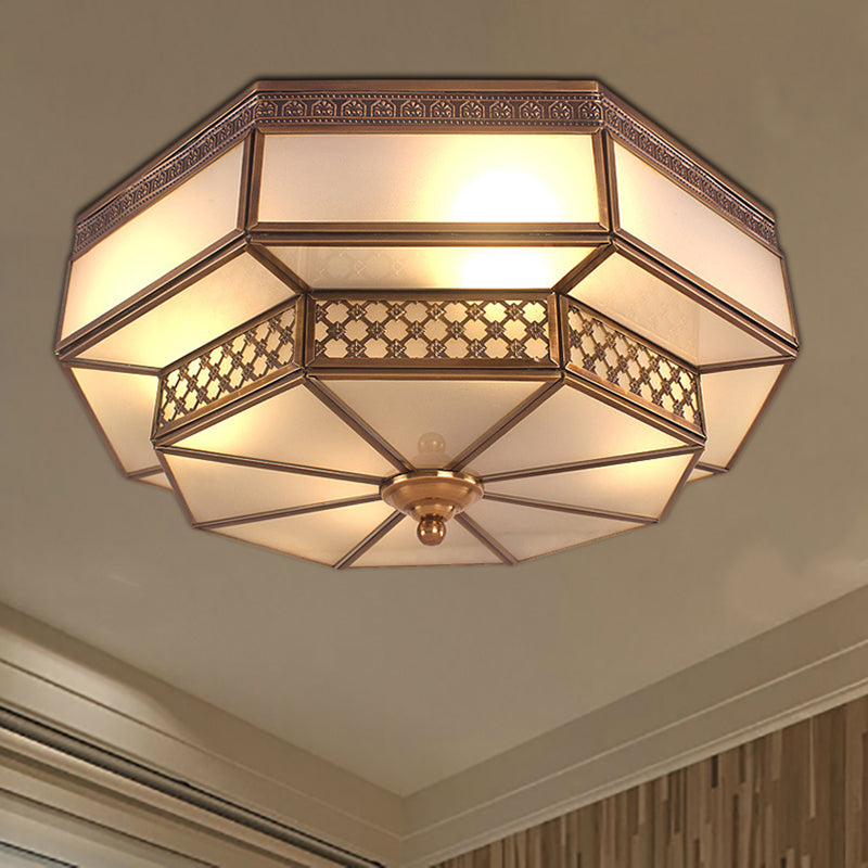 Opaline Glass Octagon Bedroom Flush Mount Light with Colonial Brass Finish - 4 Bulbs Close to Ceiling Lamp