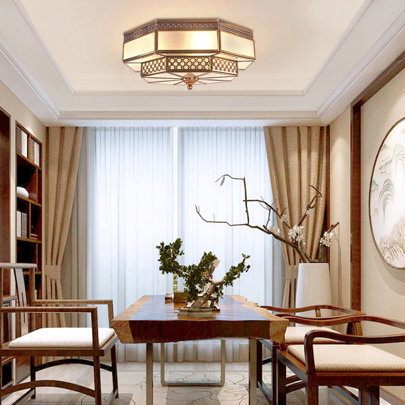 Opaline Glass Octagon Bedroom Flush Mount Light with Colonial Brass Finish - 4 Bulbs Close to Ceiling Lamp