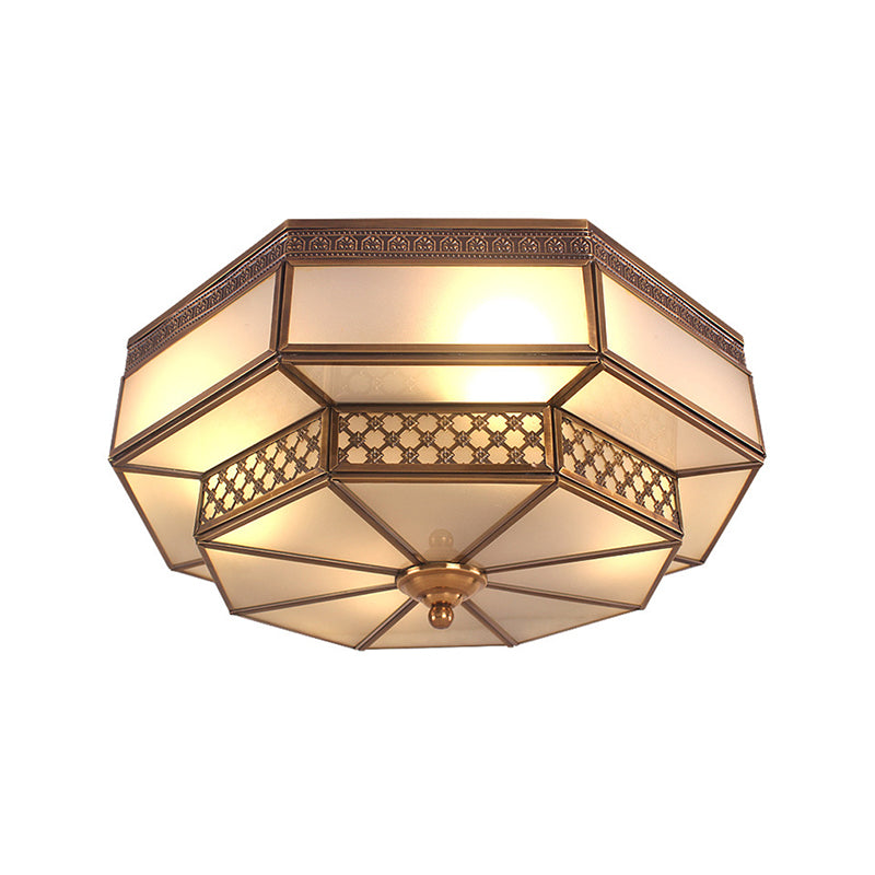 Opaline Glass Octagon Bedroom Flush Mount Light with Colonial Brass Finish - 4 Bulbs Close to Ceiling Lamp