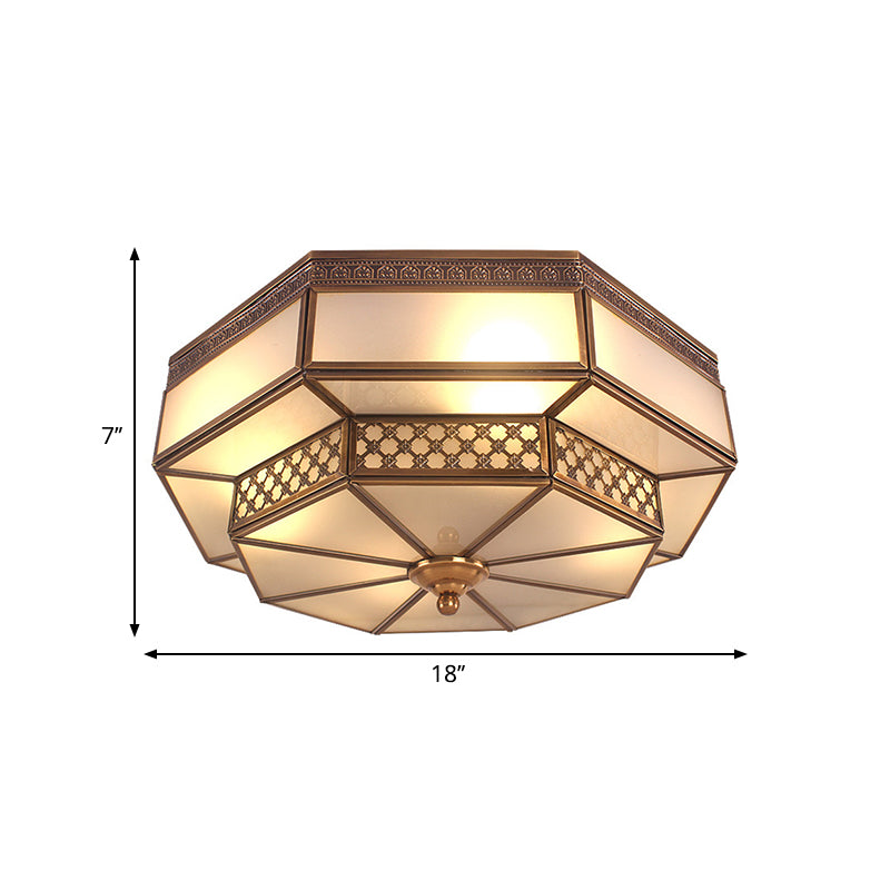 Opaline Glass Octagon Bedroom Flush Mount Light with Colonial Brass Finish - 4 Bulbs Close to Ceiling Lamp