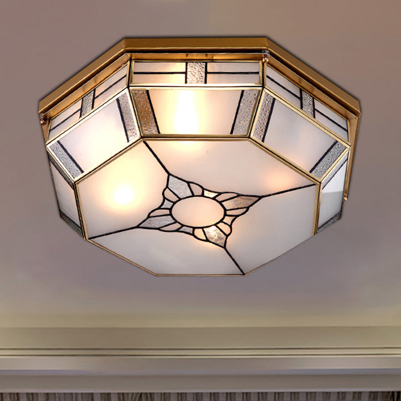 Opal Glass Flush Light with 3 Heads - Brass Finish - Octagonal Shape - Bedroom Ceiling Lighting