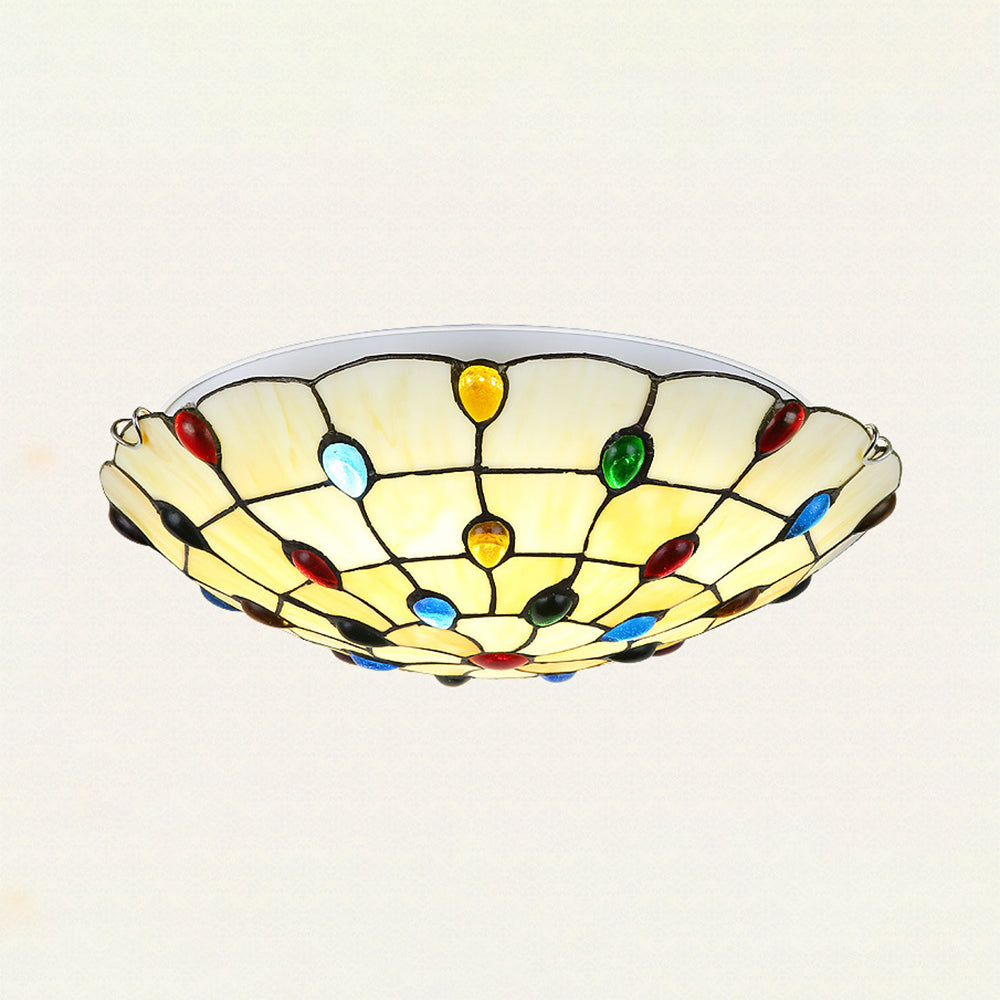 Vintage Stained Glass Flush Mount Ceiling Light - Beige Bowl, Multiple Sizes, Ideal for Living Room