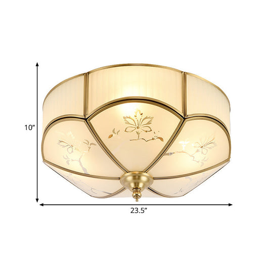 Brass Flush Mount Lamp With Colonial Sandblasted Glass - 3/4/6 Head Options