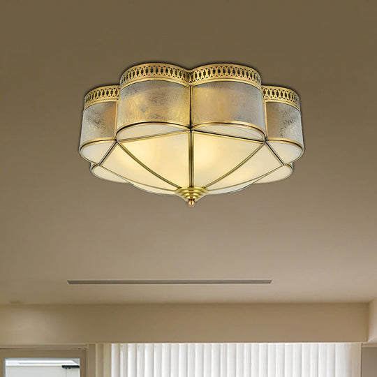 Frosted Glass and Brass Colonial Style Flush Mount Ceiling Lamp with Curved Design - Ideal for Bedrooms