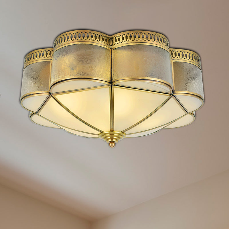 Frosted Glass and Brass Colonial Style Flush Mount Ceiling Lamp with Curved Design - Ideal for Bedrooms
