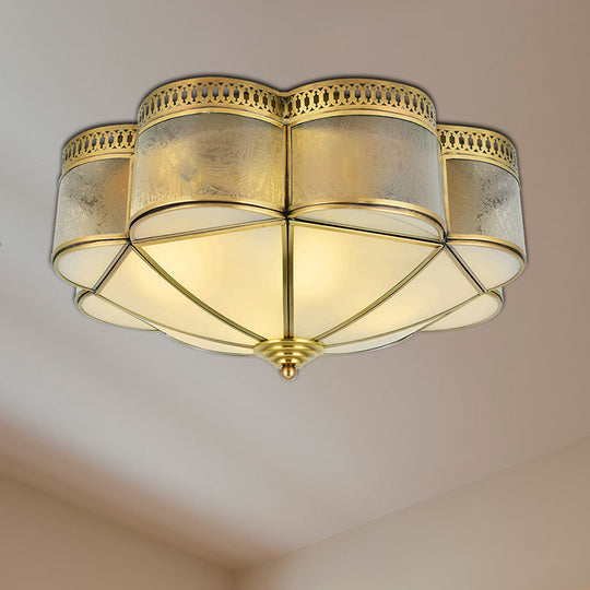 Frosted Glass and Brass Colonial Style Flush Mount Ceiling Lamp with Curved Design - Ideal for Bedrooms
