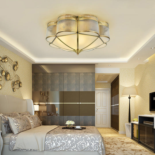 Frosted Glass and Brass Colonial Style Flush Mount Ceiling Lamp with Curved Design - Ideal for Bedrooms