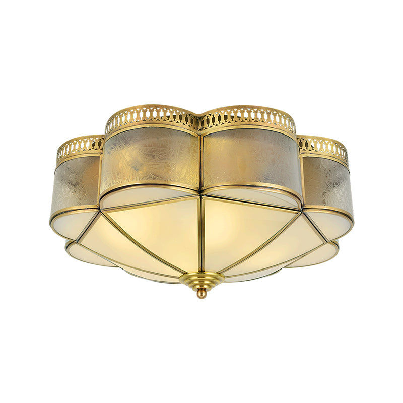 Frosted Glass and Brass Colonial Style Flush Mount Ceiling Lamp with Curved Design - Ideal for Bedrooms