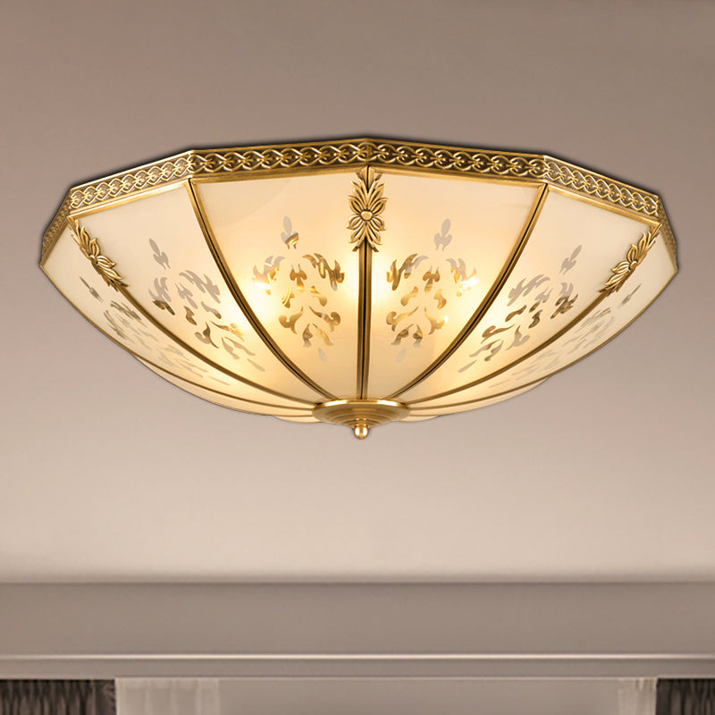Colonial Milk Glass Ceiling Mount Light Fixture - 3-Bulb Brass Flush Chandelier For Bedroom