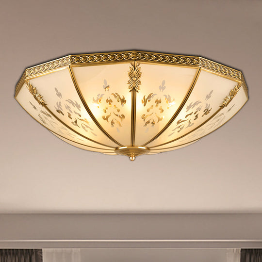 Colonial Milk Glass Ceiling Mount Light Fixture - 3-Bulb Brass Flush Chandelier For Bedroom