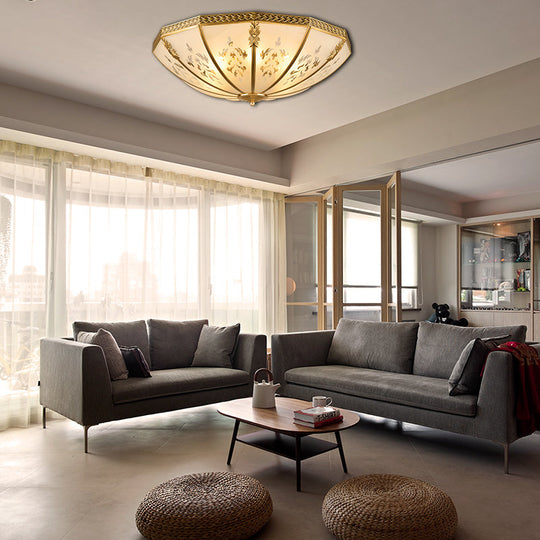 Colonial Milk Glass Ceiling Mount Light Fixture - 3-Bulb Brass Flush Chandelier For Bedroom