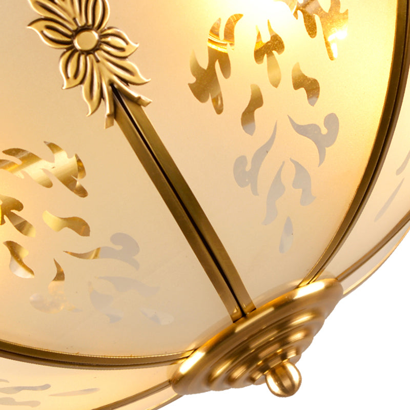 Colonial Milk Glass Ceiling Mount Light Fixture - 3-Bulb Brass Flush Chandelier For Bedroom
