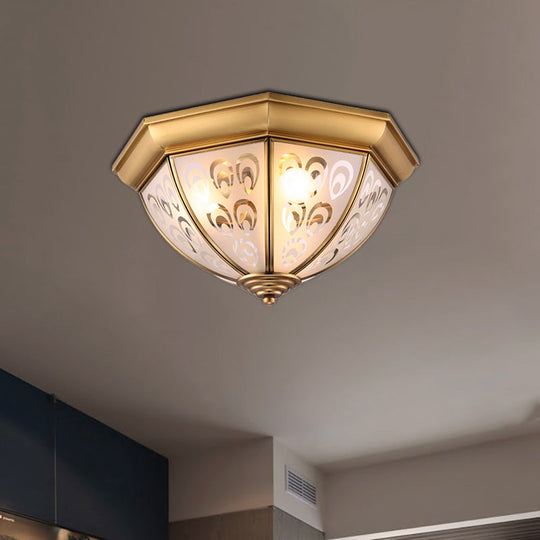 Brass Flush Mount Lamp with Sandblasted Glass Bowl - Colonial Style Ceiling Fixture for Study Room (15"/19" Width)