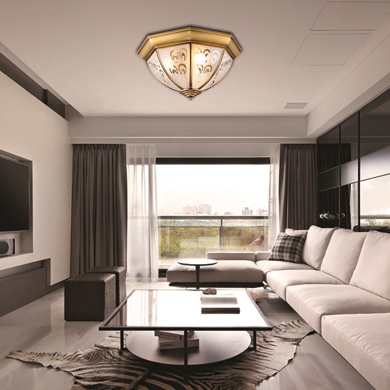 Brass Flush Mount Lamp with Sandblasted Glass Bowl - Colonial Style Ceiling Fixture for Study Room (15"/19" Width)