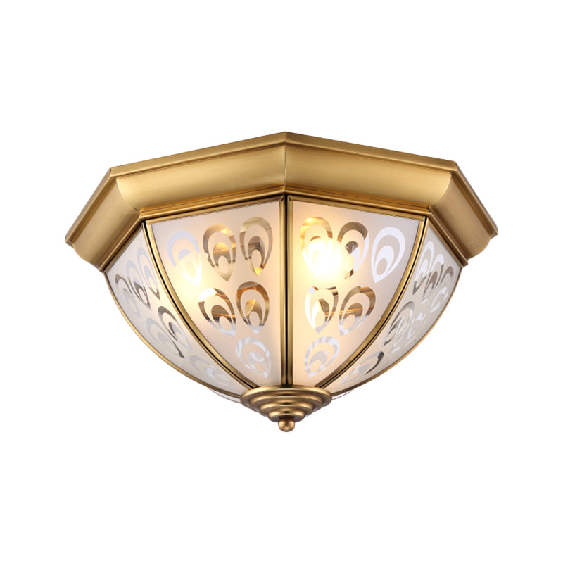 Brass Flush Mount Lamp with Sandblasted Glass Bowl - Colonial Style Ceiling Fixture for Study Room (15"/19" Width)