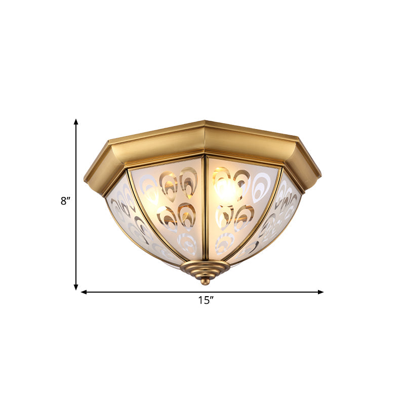Brass Flush Mount Lamp with Sandblasted Glass Bowl - Colonial Style Ceiling Fixture for Study Room (15"/19" Width)