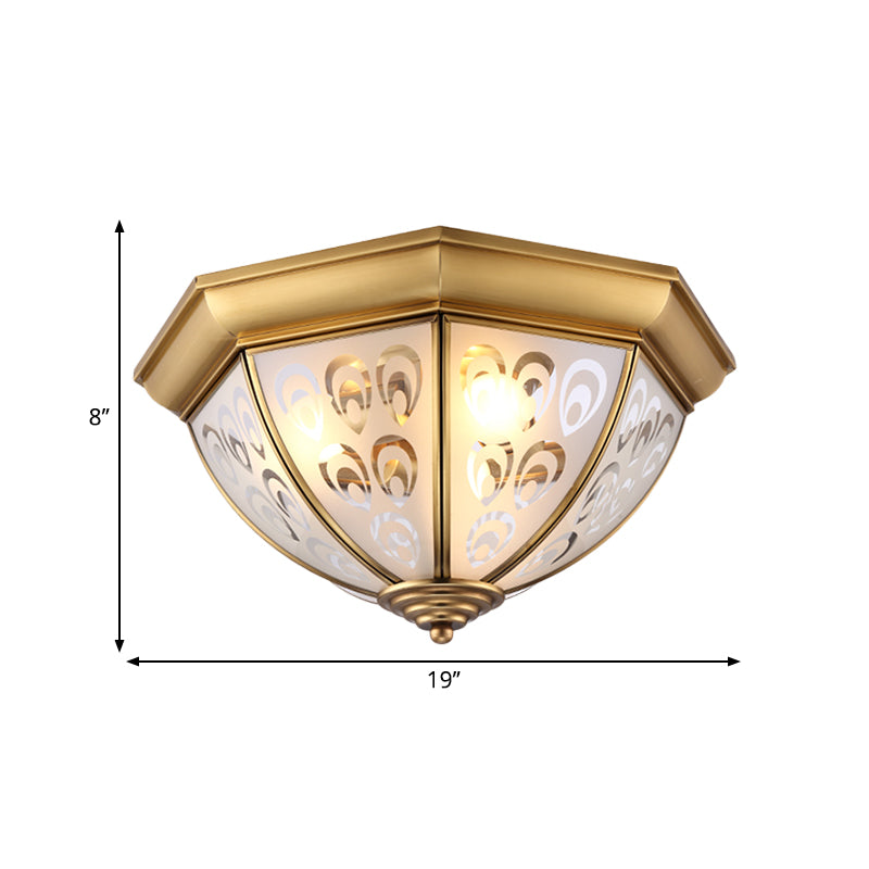 Brass Flush Mount Lamp with Sandblasted Glass Bowl - Colonial Style Ceiling Fixture for Study Room (15"/19" Width)