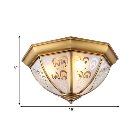 Brass Flush Mount Lamp With Sandblasted Glass Bowl - Colonial Style Ceiling Fixture For Study Room