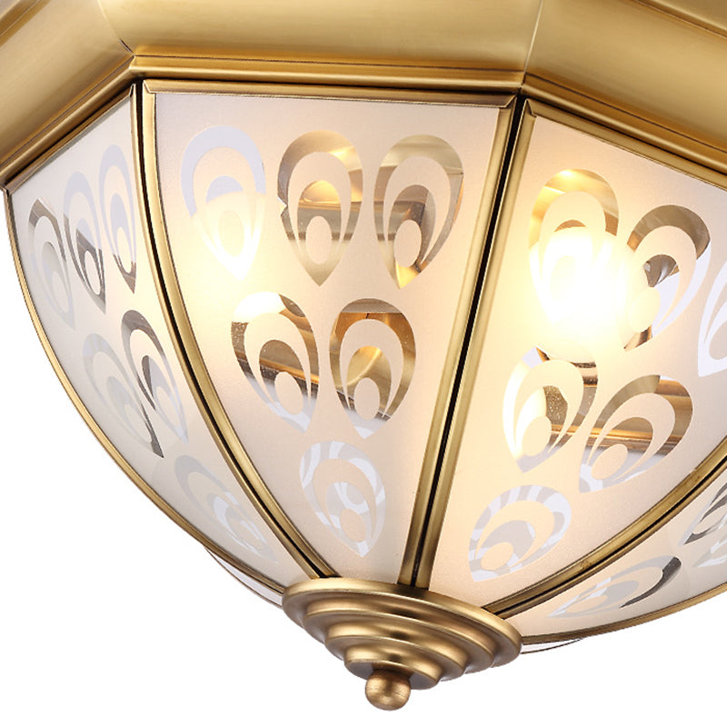Brass Flush Mount Lamp with Sandblasted Glass Bowl - Colonial Style Ceiling Fixture for Study Room (15"/19" Width)