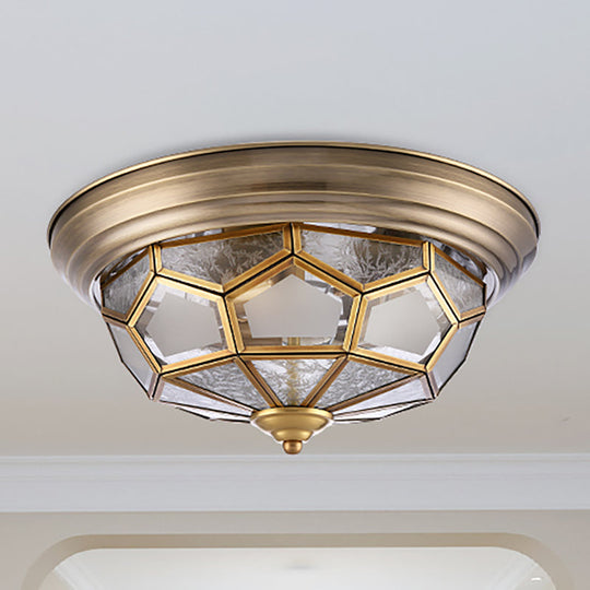 Colonial Frosted Glass Brass Ceiling Flush Mount Lamp with 3 Faceted Heads for Bedroom