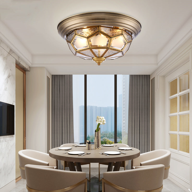 Colonial Frosted Glass Brass Ceiling Flush Mount Lamp with 3 Faceted Heads for Bedroom