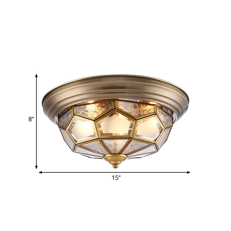 Colonial Frosted Glass Brass Ceiling Flush Mount Lamp with 3 Faceted Heads for Bedroom