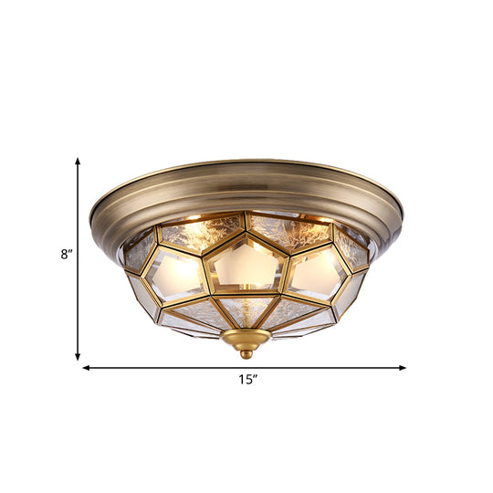 Colonial Frosted Glass Brass Ceiling Flush Mount Lamp with 3 Faceted Heads for Bedroom