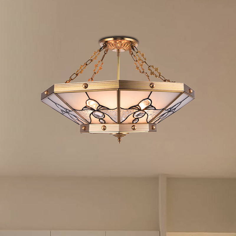 Brass Semi-Flush Ceiling Light with Beveled Frosted Glass - 4 Lights, Bedroom Chandelier - 16"/19.5" W