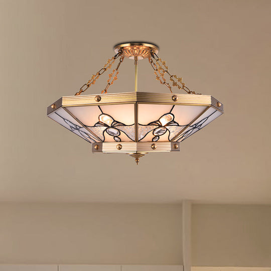 Brass Semi-Flush Ceiling Light With Beveled Frosted Glass - 4 Lights Bedroom Chandelier 16/19.5 W /