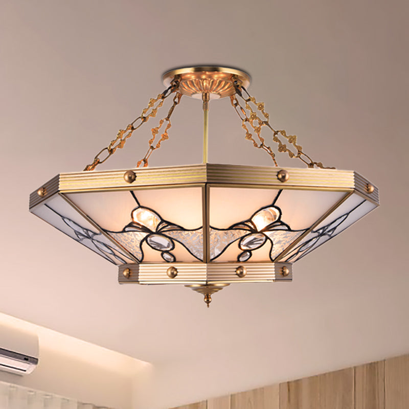 Brass Semi-Flush Ceiling Light with Beveled Frosted Glass - 4 Lights, Bedroom Chandelier - 16"/19.5" W