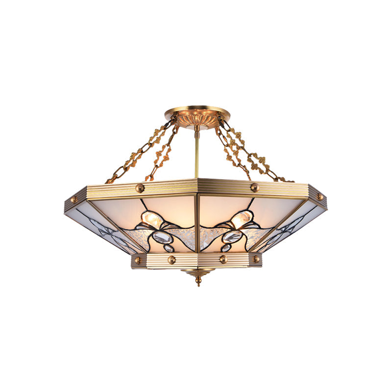 Brass Semi-Flush Ceiling Light With Beveled Frosted Glass - 4 Lights Bedroom Chandelier 16/19.5 W