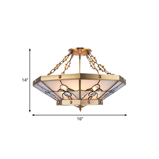 Brass Semi-Flush Ceiling Light with Beveled Frosted Glass - 4 Lights, Bedroom Chandelier - 16"/19.5" W