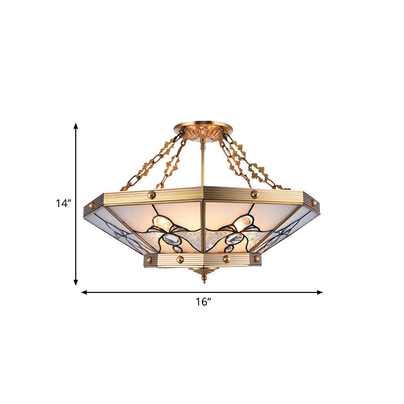 Brass Semi-Flush Ceiling Light With Beveled Frosted Glass - 4 Lights Bedroom Chandelier 16/19.5 W