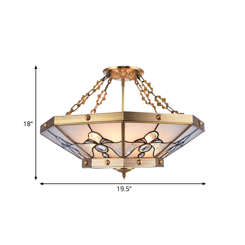 Brass Semi-Flush Ceiling Light With Beveled Frosted Glass - 4 Lights Bedroom Chandelier 16/19.5 W