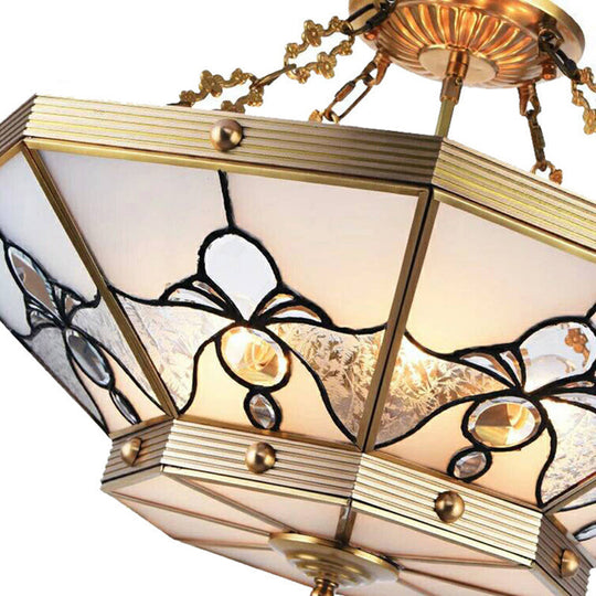 Brass Semi-Flush Ceiling Light with Beveled Frosted Glass - 4 Lights, Bedroom Chandelier - 16"/19.5" W