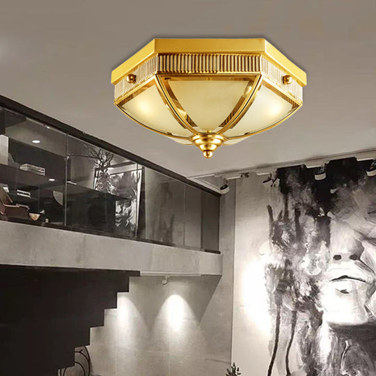 Colonial Frosted Glass Ceiling Lamp with Gold Finish - 2 Bulbs - Hallway Flush Mount Light