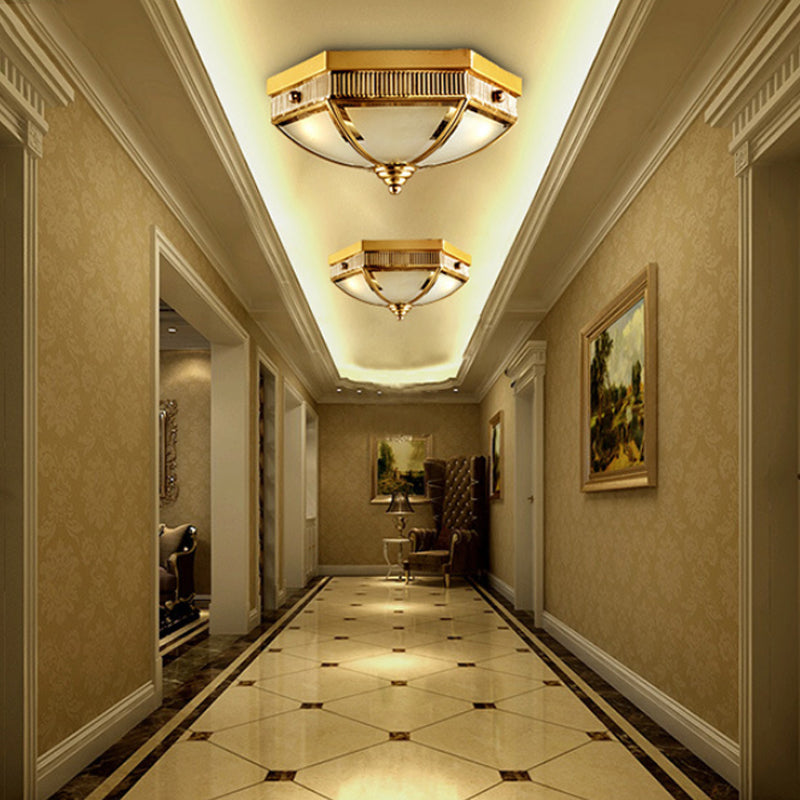 Colonial Frosted Glass Ceiling Lamp with Gold Finish - 2 Bulbs - Hallway Flush Mount Light