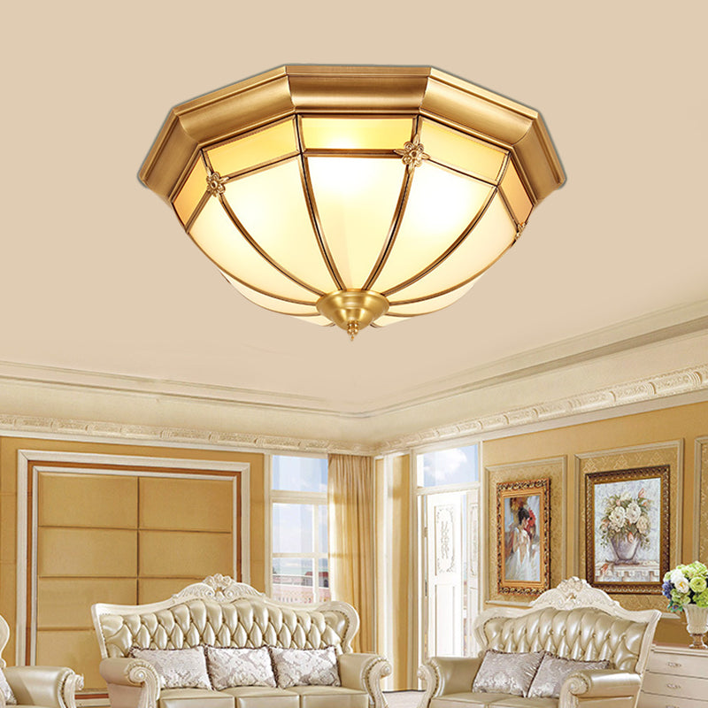 Colonial White Glass Dome Ceiling Light Fixture for Bedroom - Brass, Flush Mount - 3/4/6 Heads - Available in 14"/18"/23.5" Width